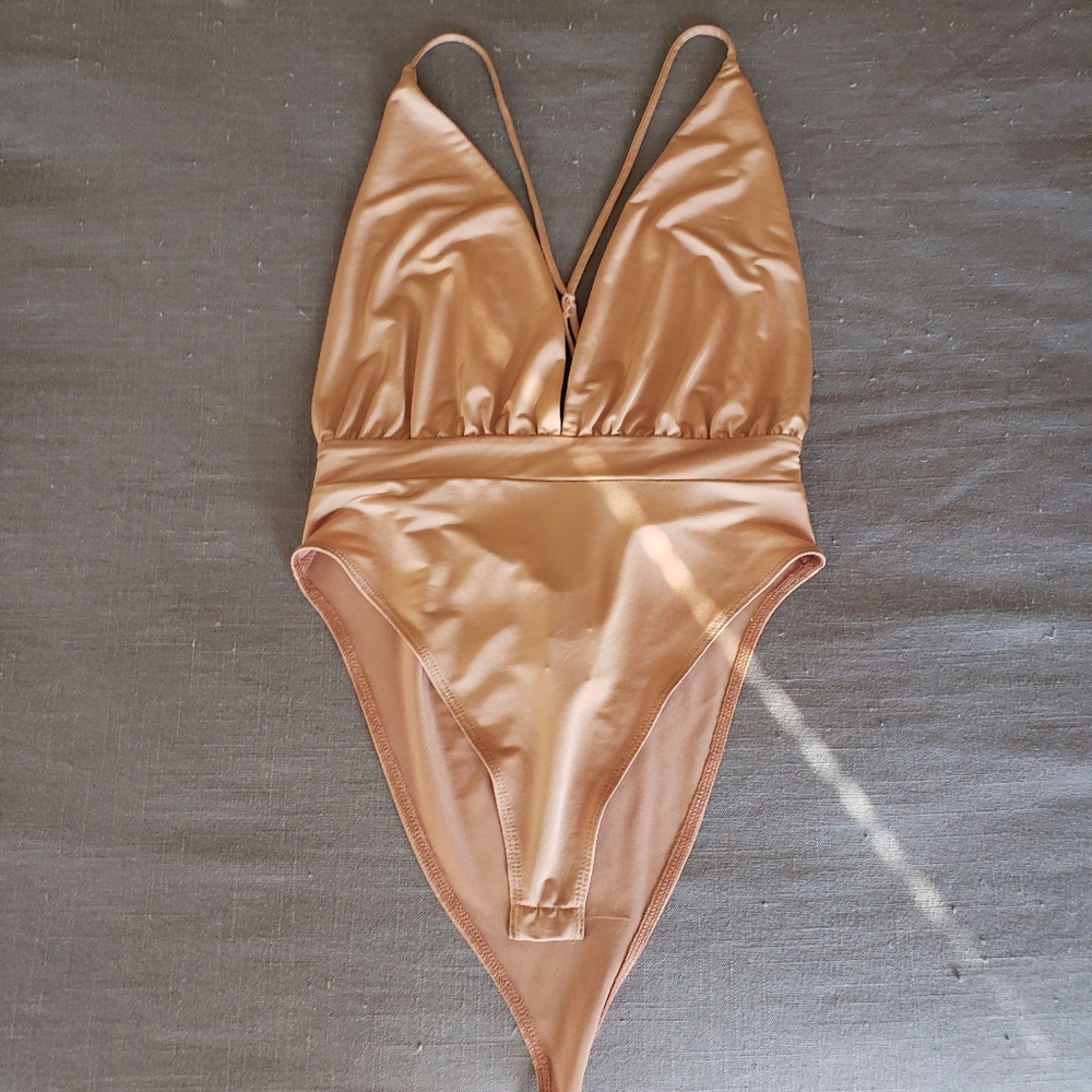 Beige/tan plunge bodysuit